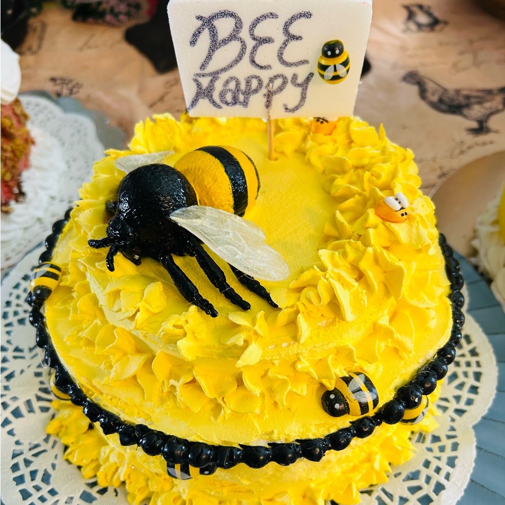 Faux bee happy cake. Yellow and Black Bee Cake Toppers for Parties